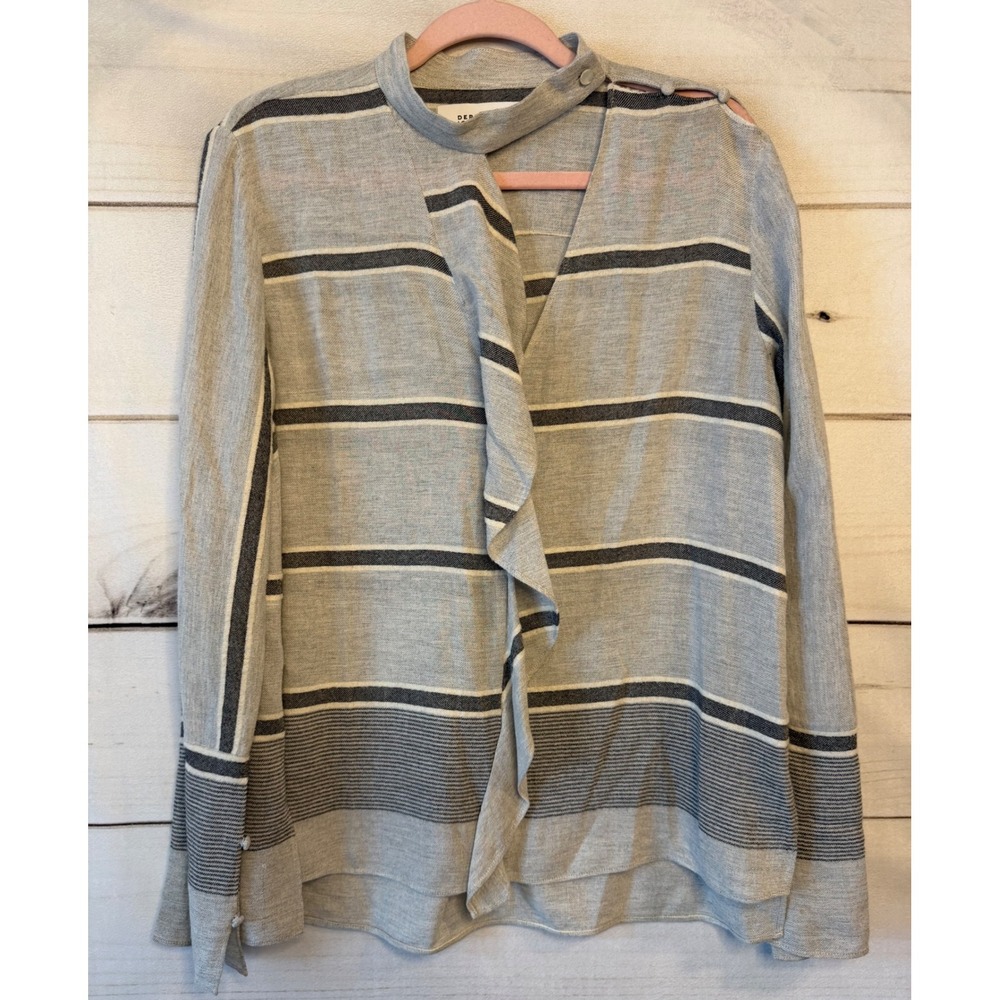 Derek Lam 10 Crosby Gray Navy Blue Striped Ruffle Front Mock Neck Blouse 8